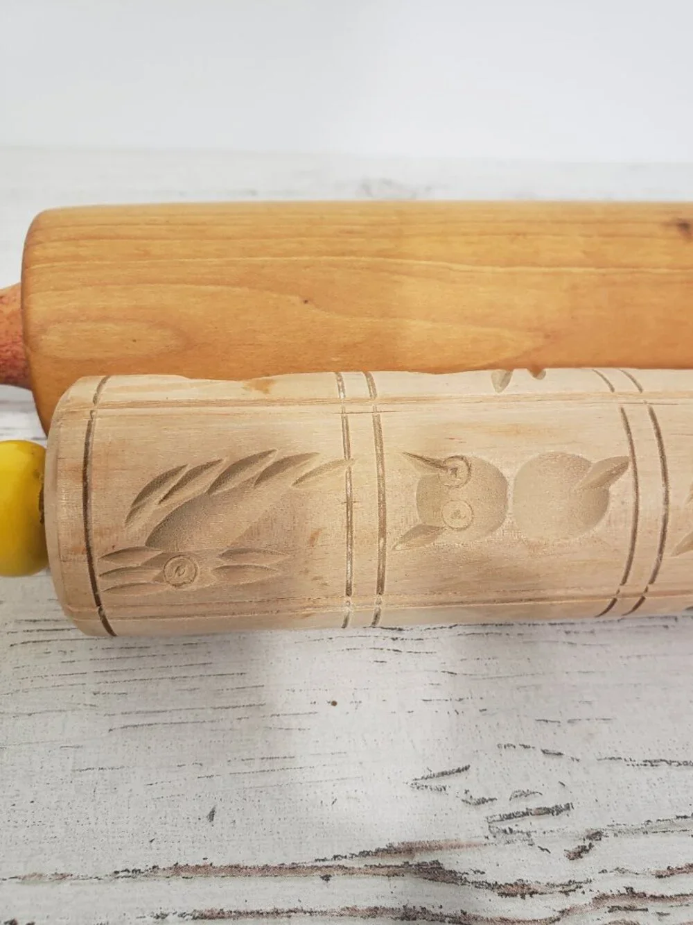 2 wooden rolling pins - 1 with cut out designs 16